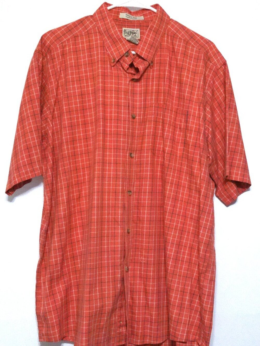 L.L. Bean Button Up Shirt XL Burnt Orange Plaid Short Sleeve Cotton Wrinkle Free
